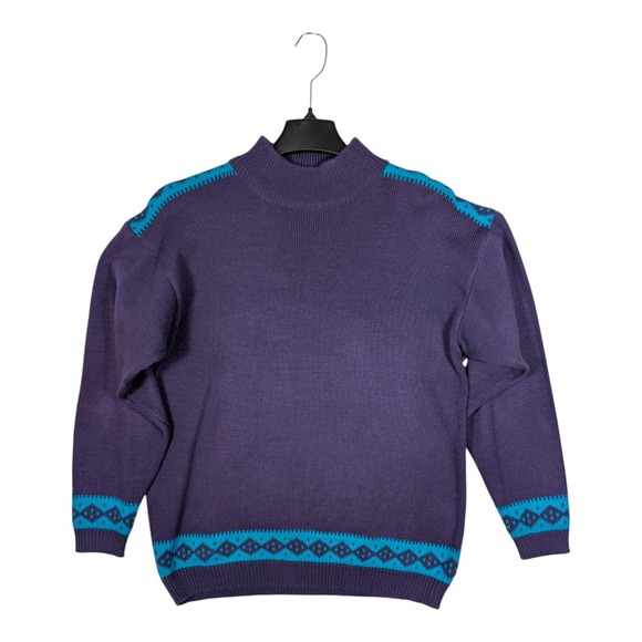 Vintage New Attitude Purple Geometric Mock Neck Knit Sweater Medium Purple - Picture 1 of 5